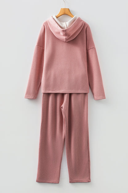 Rose Tan Lace Drawstring Pullover Hoodie and High Waist Pants Corduroy Suit