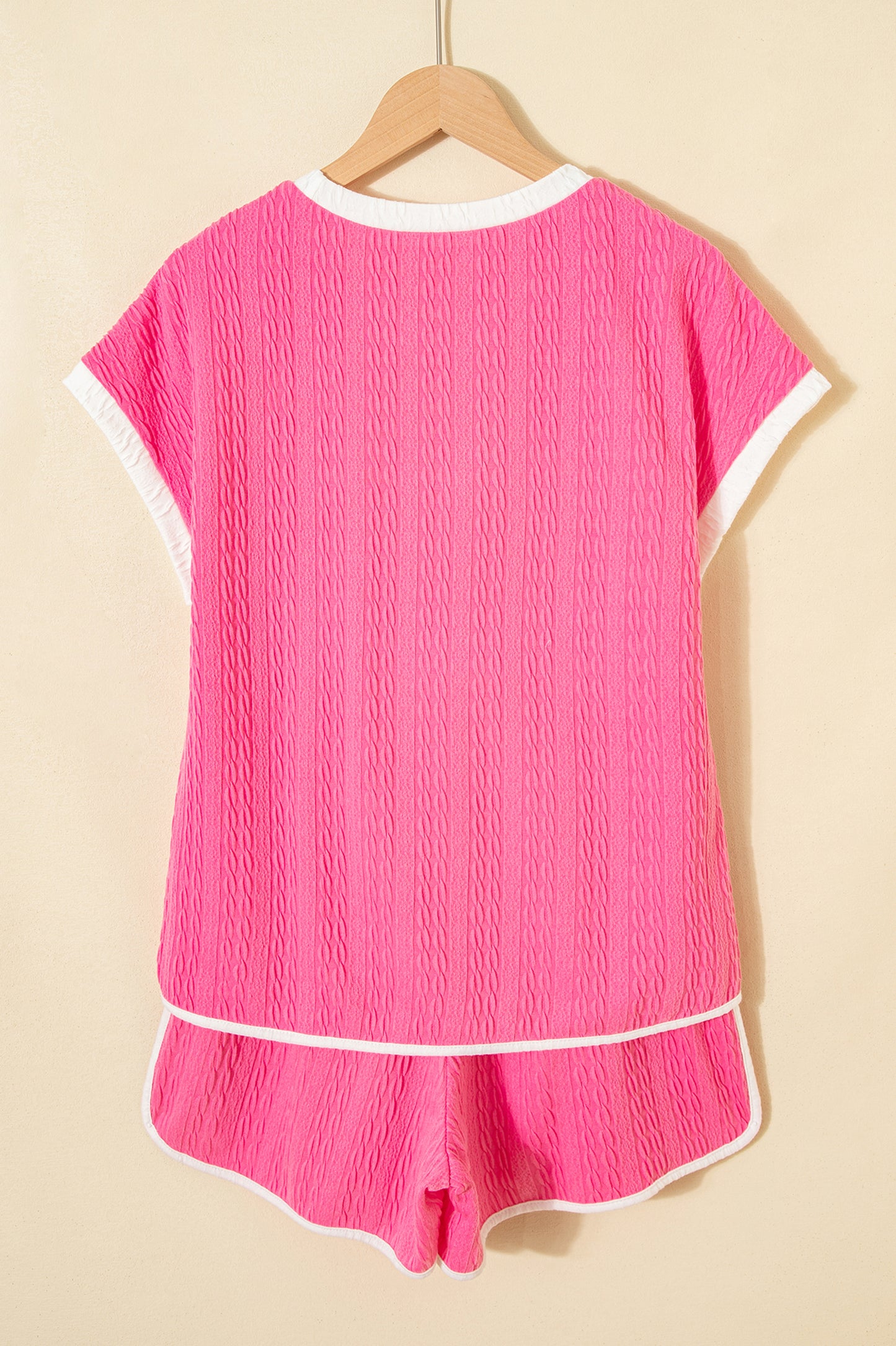 2pcs Bright Pink Textured Color Block Trim Loose Tee Drawstring Shorts Set