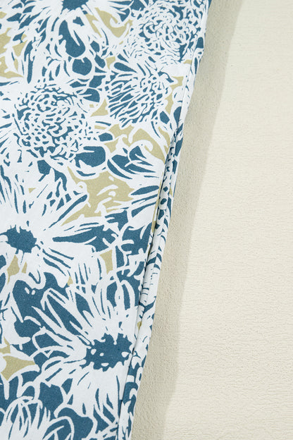 Blue Floral Print Striped Webbing Patchwork Collar Short Sleeve Mini Dress