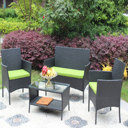4 PCS Rattan Green Cushion Outdoor Patio Furniture Set