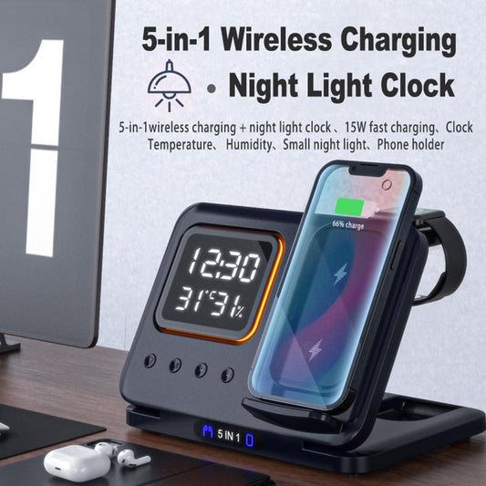 Station de charge sans fil rapide 5-en-1 avec réveil numérique à LED
