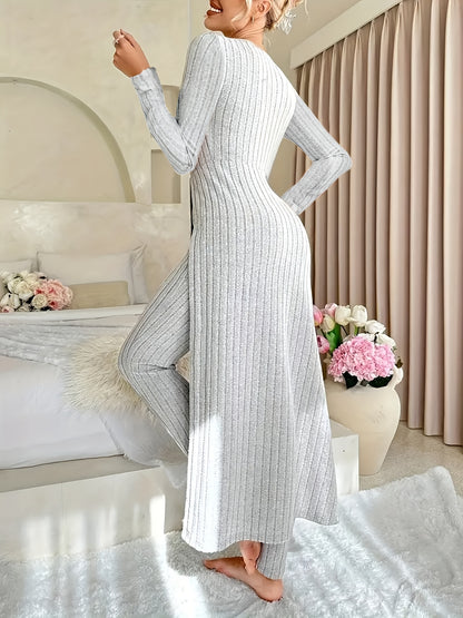 Ribbed Two-Piece  Long-Sleeved Top and Pants Set