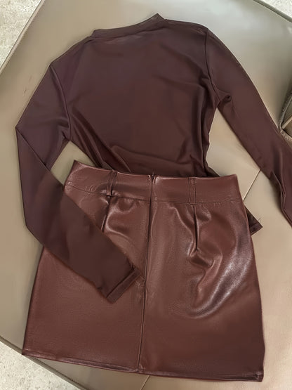 Elegant And Versatile Semi-Sheer Mesh Long-Sleeve Top and Fitted Short Skirt Set
