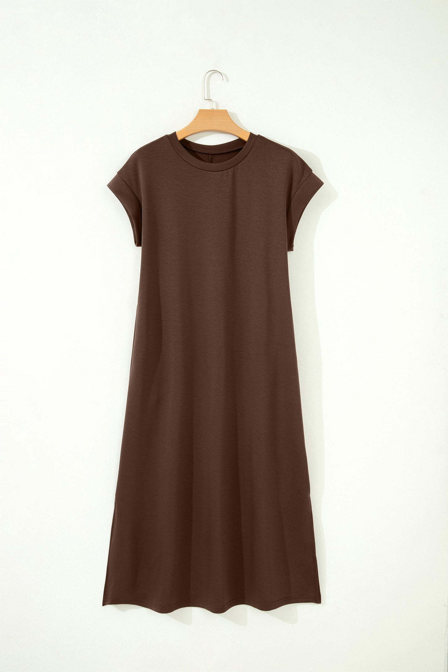 Rood Sandelhout Effen Kleur Lange T-Shirt Jurk met Splitten