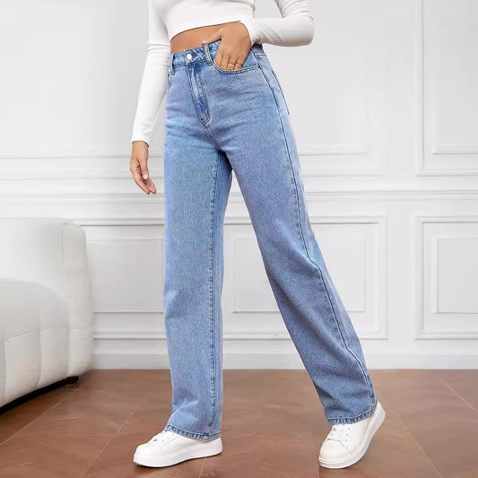 Jean droit délavé taille mi-haute pour femme