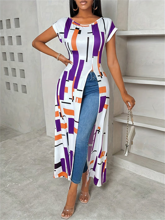 Robe longue décontractée pour femme avec imprimé patchwork et fente latérale