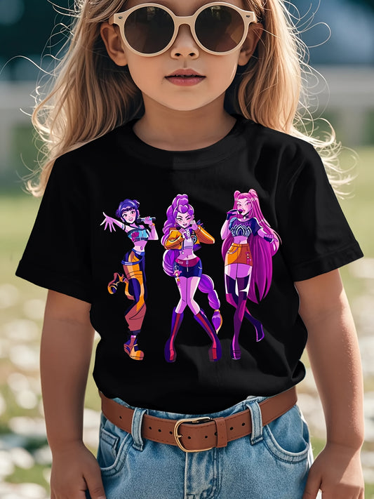 T-shirt graphique Kpop pour filles - T-shirt noir avec personnages violets et roses