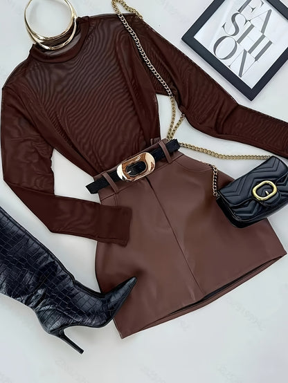 Elegant And Versatile Semi-Sheer Mesh Long-Sleeve Top and Fitted Short Skirt Set