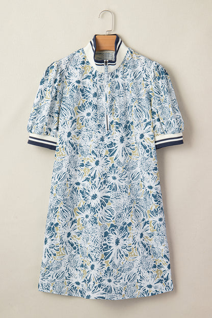 Blue Floral Print Striped Webbing Patchwork Collar Short Sleeve Mini Dress