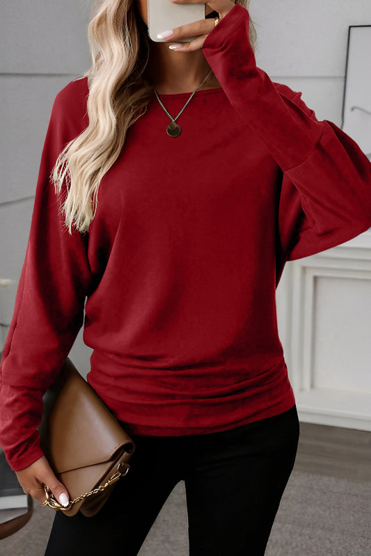 Top à manches longues avec poignets allongés couleur unie Dahlia Rouge