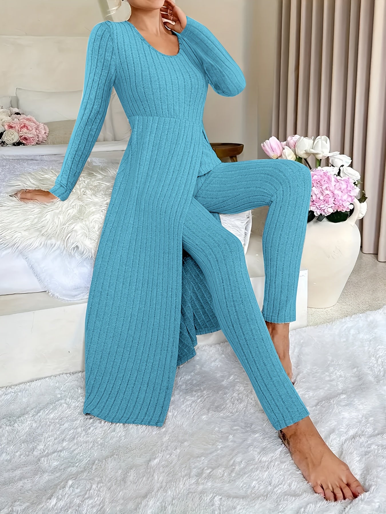 Ribbed Two-Piece  Long-Sleeved Top and Pants Set