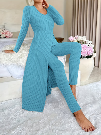 Ribbed Two-Piece  Long-Sleeved Top and Pants Set