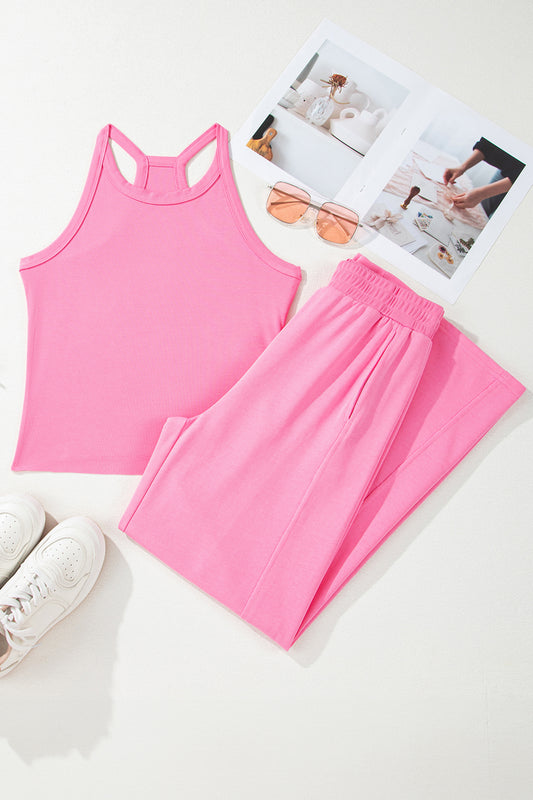 Ensemble Débardeur et Pantalon de Jogging Côtelés Rose Sachet