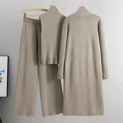 3pcs Women's Sleeveless Vest Sweater Long Cardigan And Wide-leg Pants Set