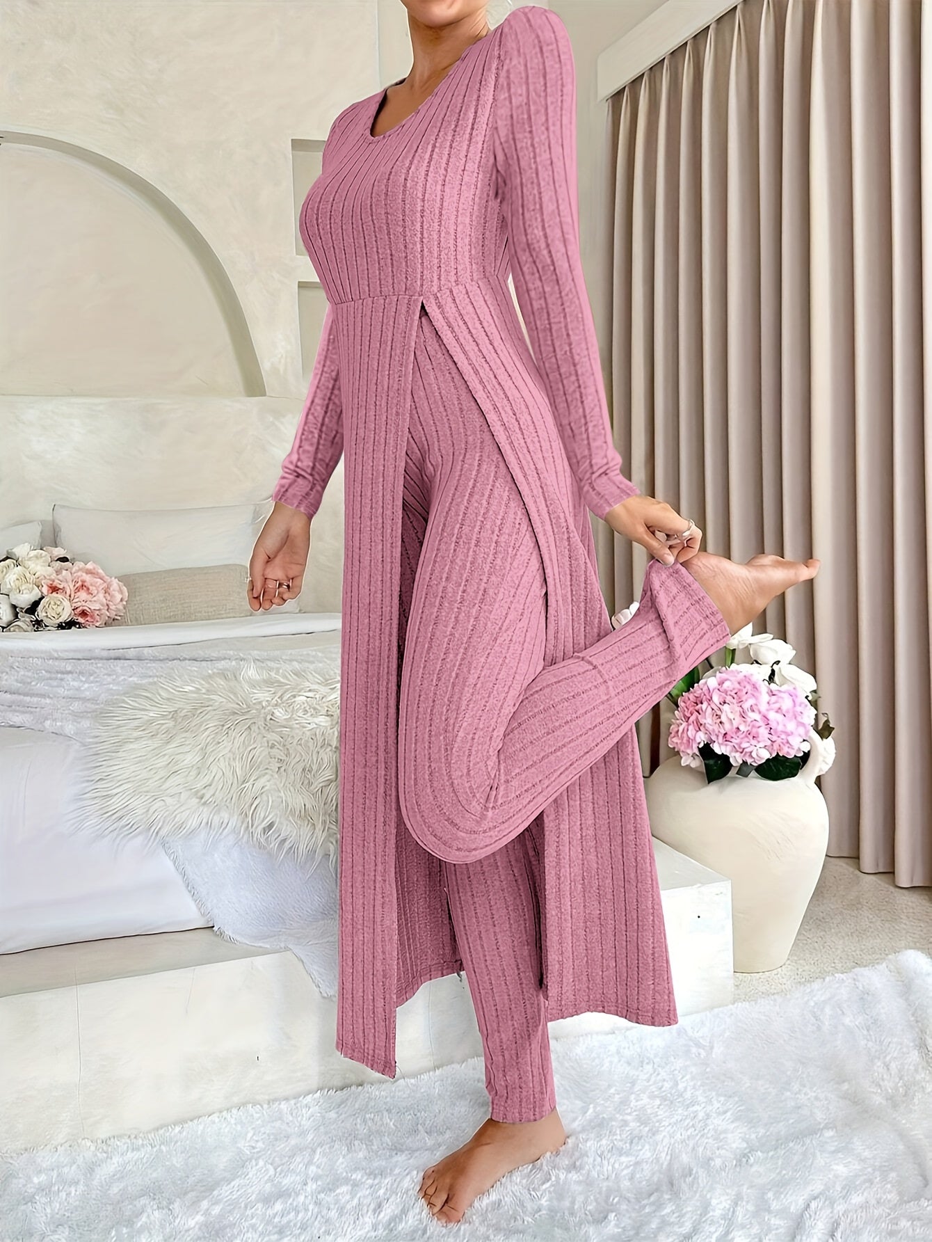 Ribbed Two-Piece  Long-Sleeved Top and Pants Set