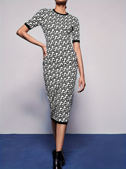 Geo Print Contrast Trim Bodycon Dress