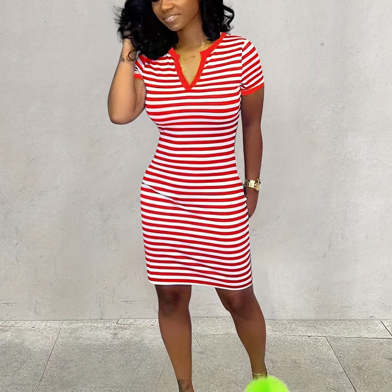 Women's Striped Bodycon Notched Neck Dress