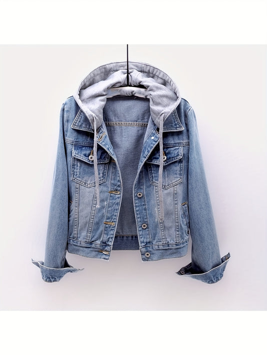 Veste en jean à manches longues pour femme avec capuche amovible