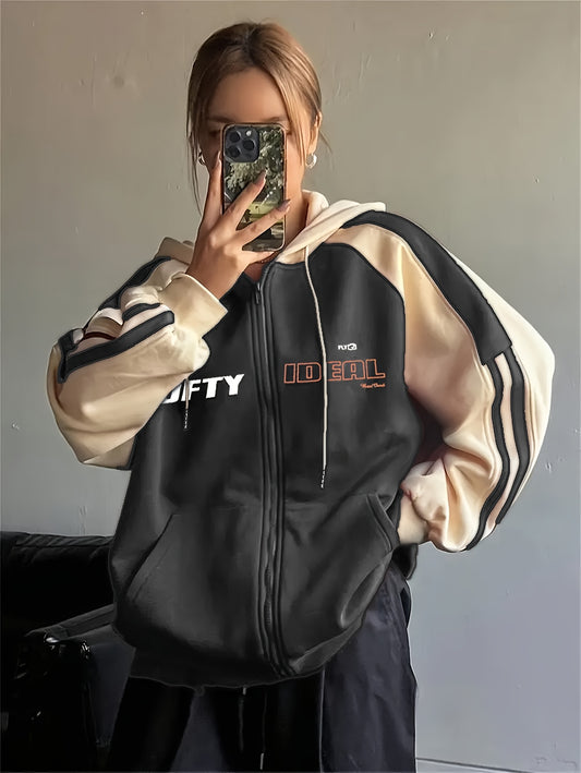 Sweat à capuche color block Y2K femme avec imprimé lettres « Wealth »