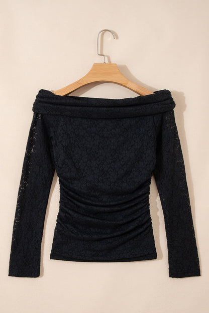 Black Floral Lace Off-shoulder Long Sleeve Slim Top