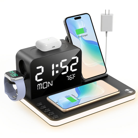 Station de charge sans fil double 7 en 1 pour téléphone avec veilleuse