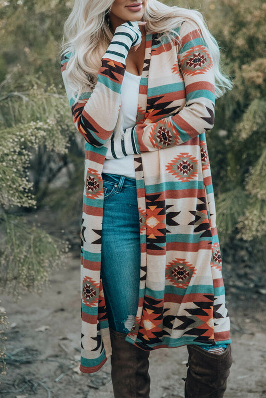 Cardigan long ouvert multicolore à blocs de couleurs géométriques