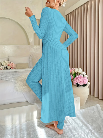 Ribbed Two-Piece  Long-Sleeved Top and Pants Set