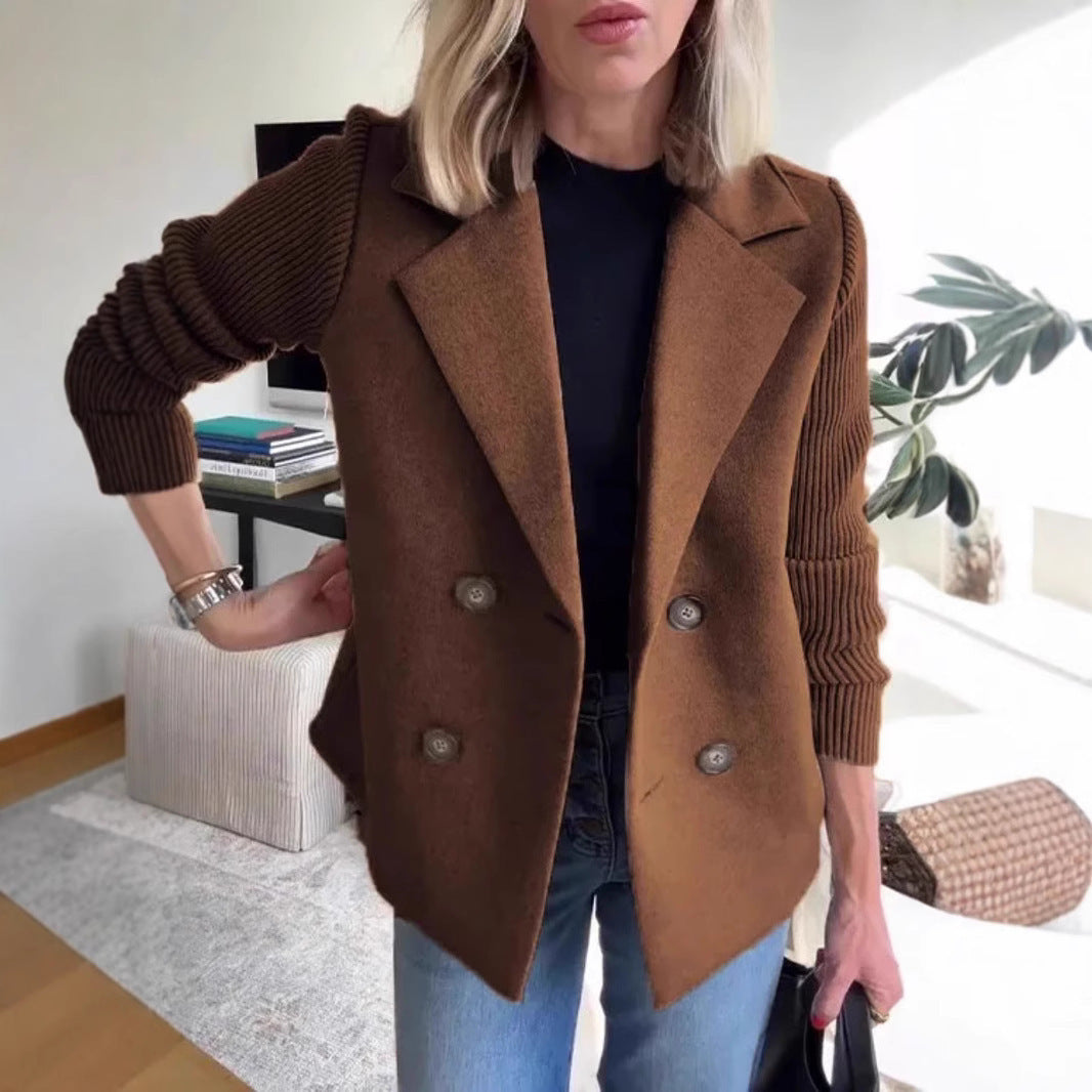 Women's Double Breasted Knitted Sleeves Lapel Jacket