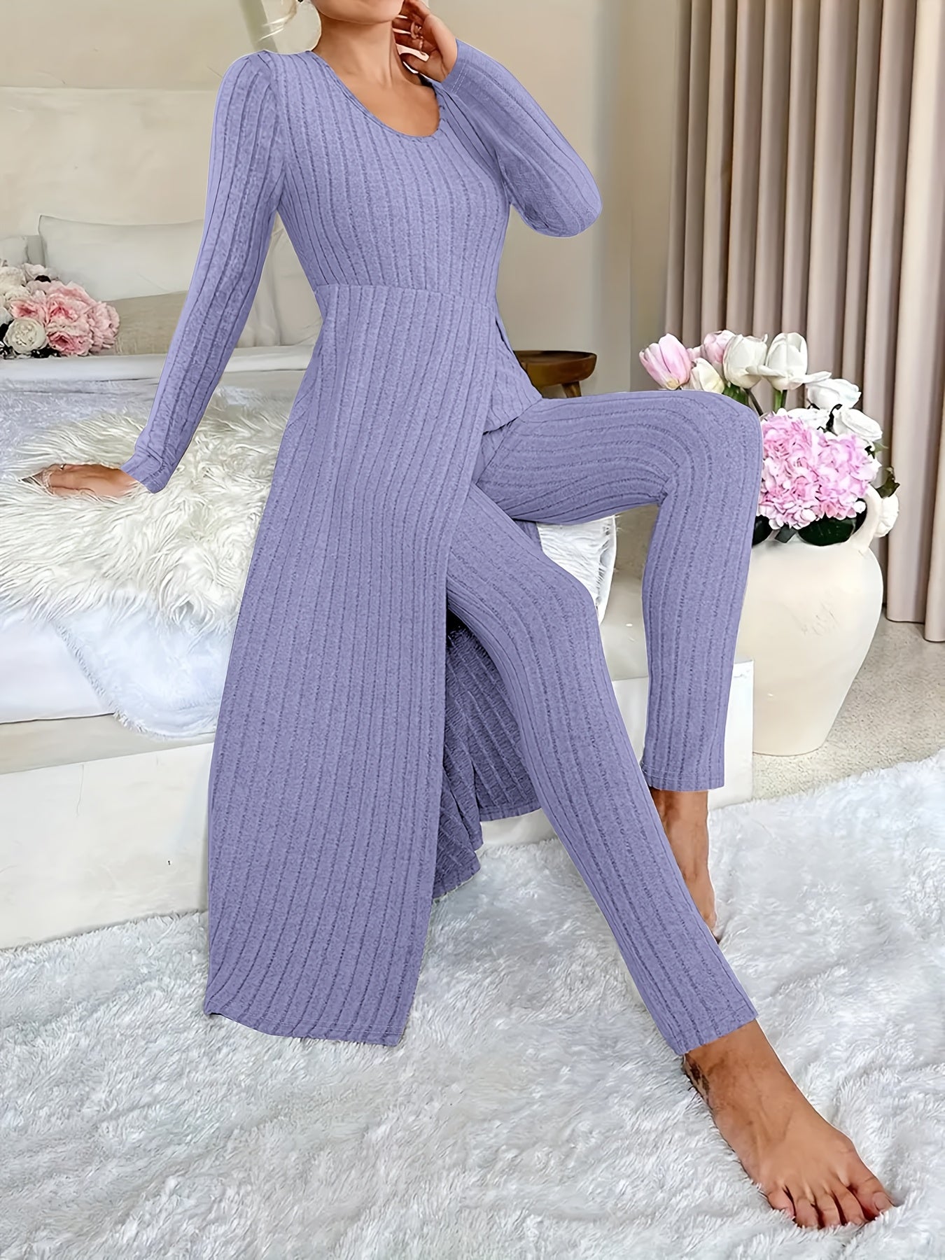 Ribbed Two-Piece  Long-Sleeved Top and Pants Set