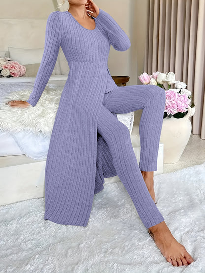 Ribbed Two-Piece  Long-Sleeved Top and Pants Set