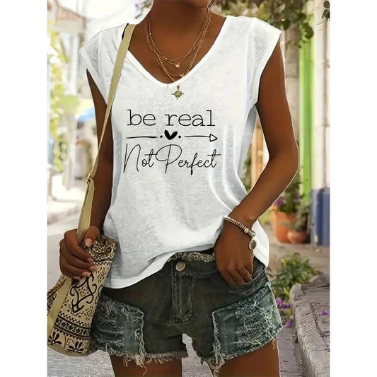 T-shirt décontracté imprimé à manches courtes et col en V pour femme