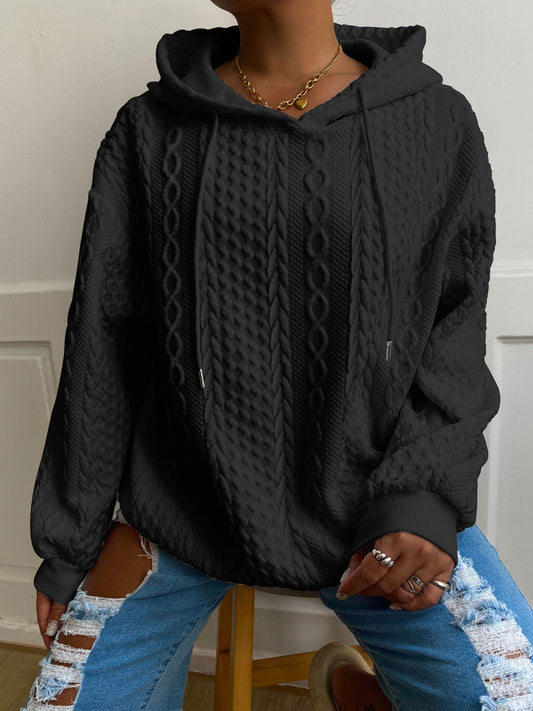 Sweat-shirt à capuche côtelé à manches longues pour femme grande taille - Cordon de serrage légèrement extensible
