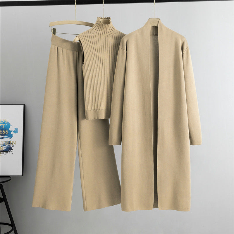 3pcs Women's Sleeveless Vest Sweater Long Cardigan And Wide-leg Pants Set