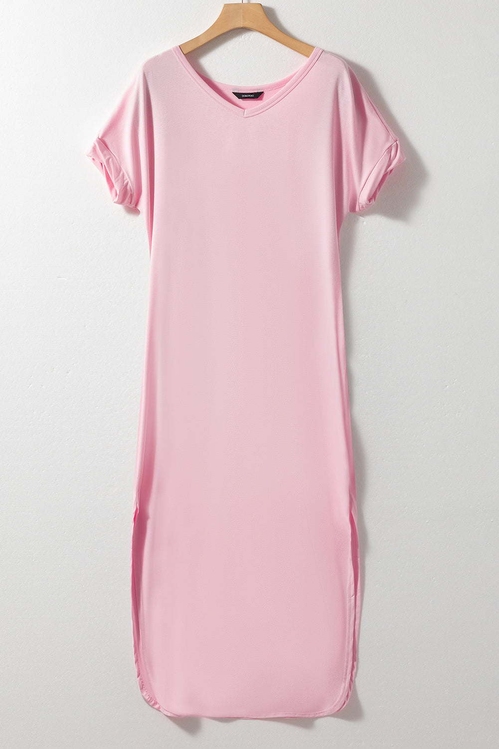 Pink V Neck Hidden Pocket Splits Maxi Dress