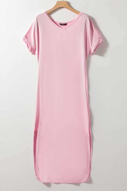 Pink V Neck Hidden Pocket Splits Maxi Dress
