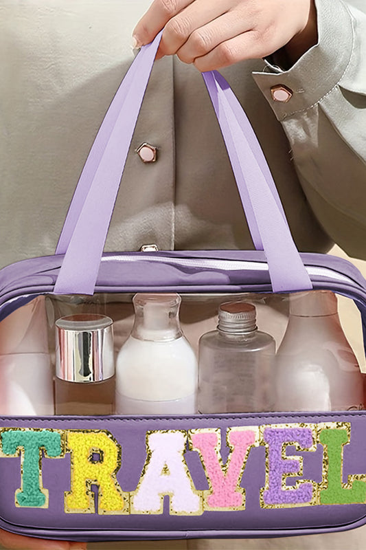 Trousse de maquillage transparente en PVC avec lettres en chenille violettes TRAVEL
