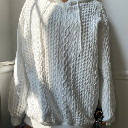 Plus Size Women's Solid Ribbed Long Sleeve Hoodie - Slight Stretch Drawstring Sweatshirt
