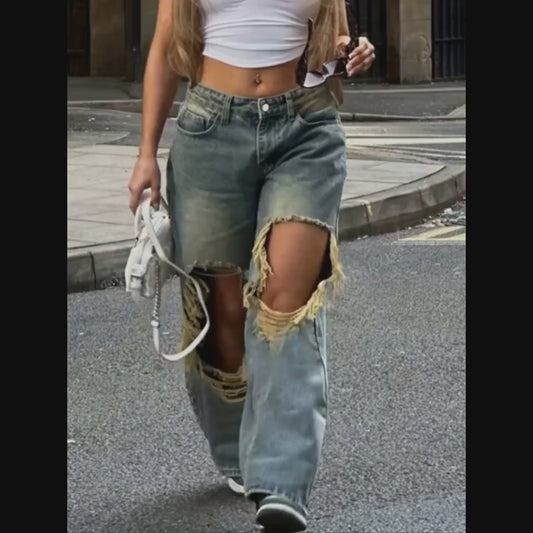 Jean déchiré taille haute style urbain pour femme