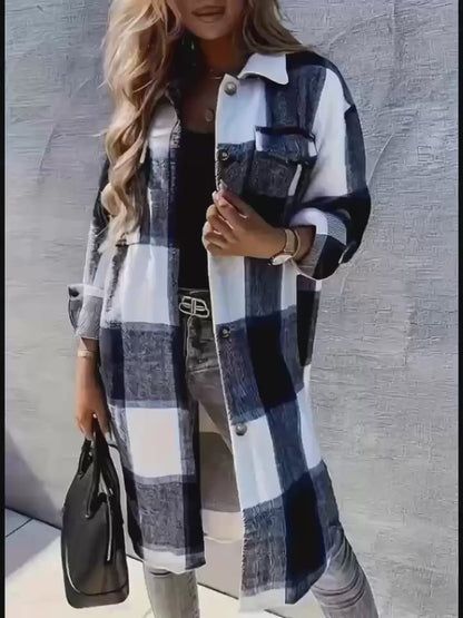Stylish Plaid Print Womens Long Jacket - Relaxed Casual Button Front with Flap PocketsSl