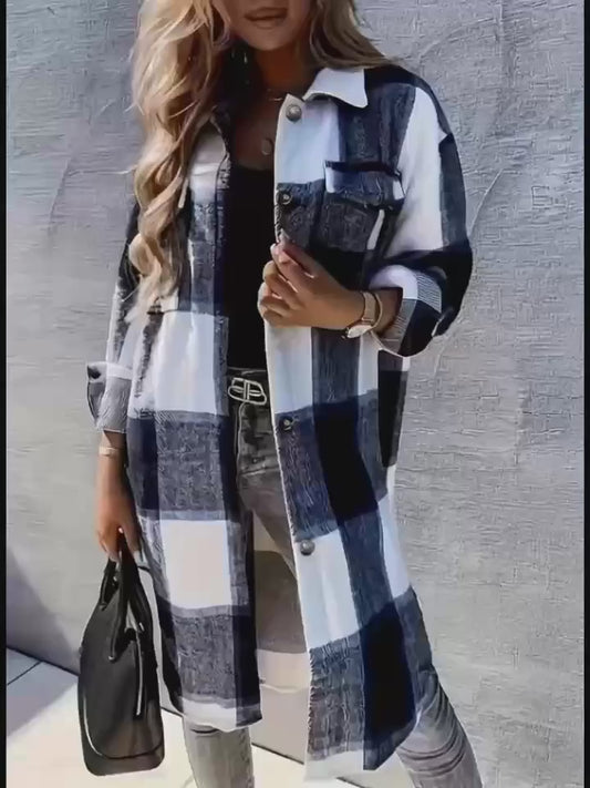 Veste longue élégante pour femme à imprimé carreaux – Coupe décontractée à boutons sur le devant avec poches à rabat
