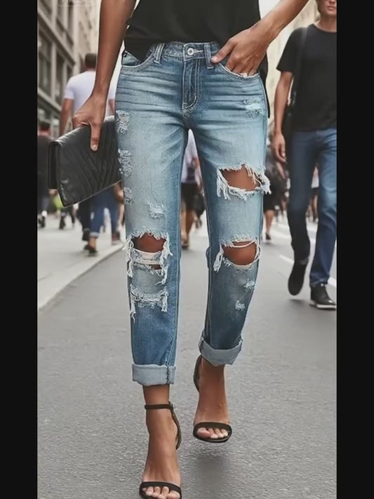 Jean déchiré rétro extensible avec revers pour homme