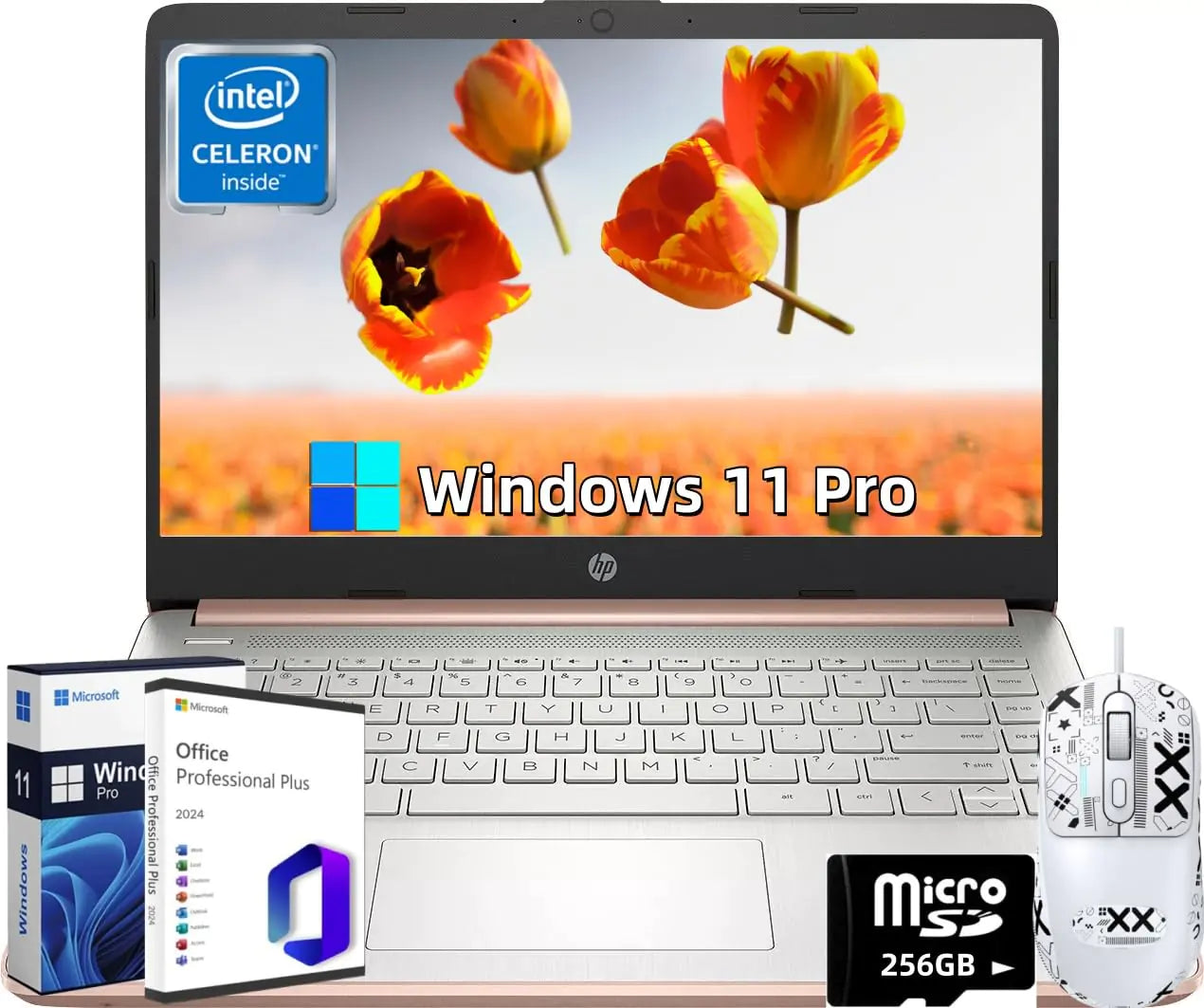 Ordinateurs portables ultra-légers HP 14" Intel Celeron N4120 16 Go de RAM 384 Go de stockage (128 Go eMMC + 256 Go Micro SD) avec licence Office à vie et Windows 11 Pro Longue autonomie Wi-Fi MicroSD HDMI Or rose